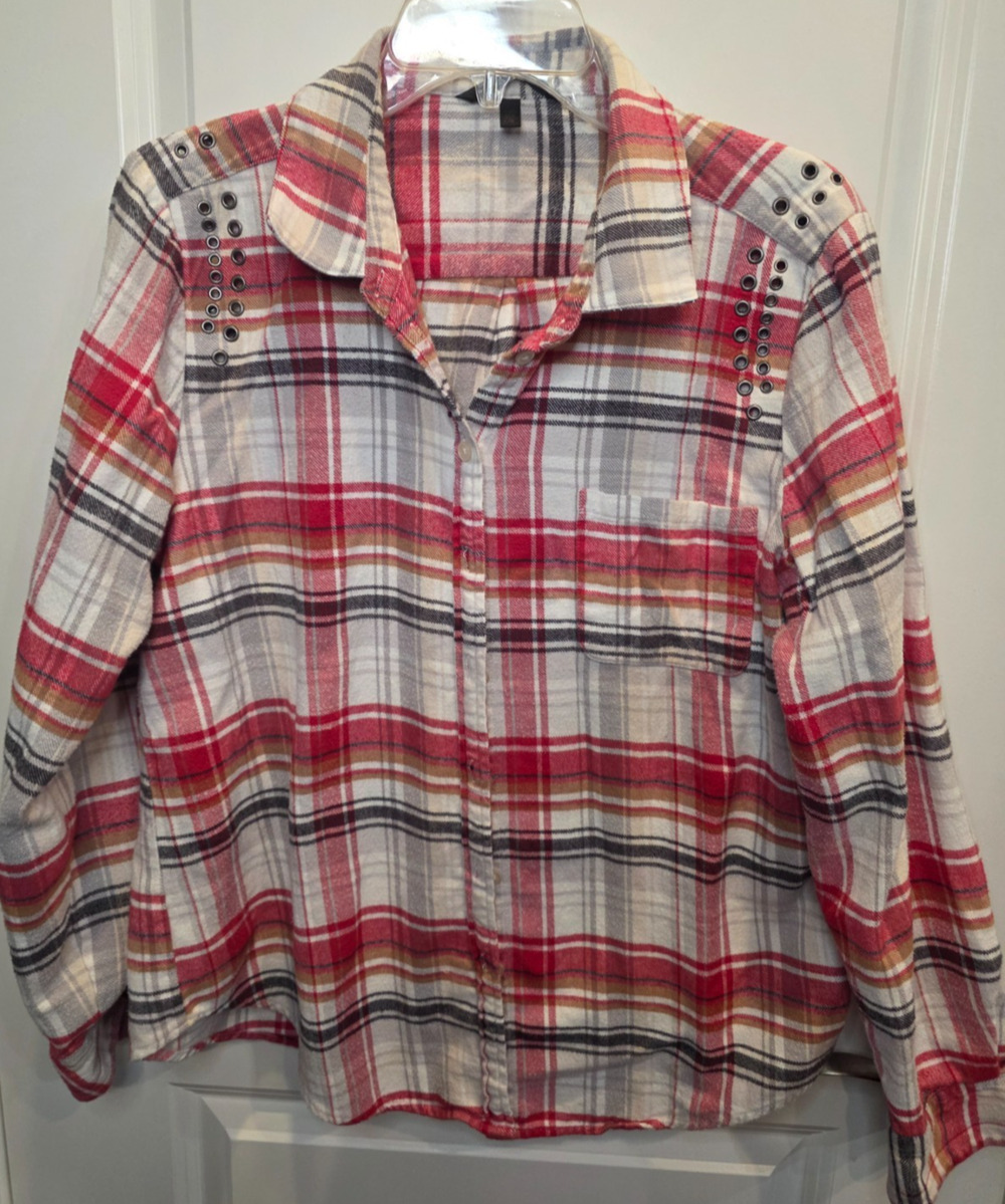 Victoria's Secret Long Sleeve Shirt Womens L Red Flannel Grommet Studded Western